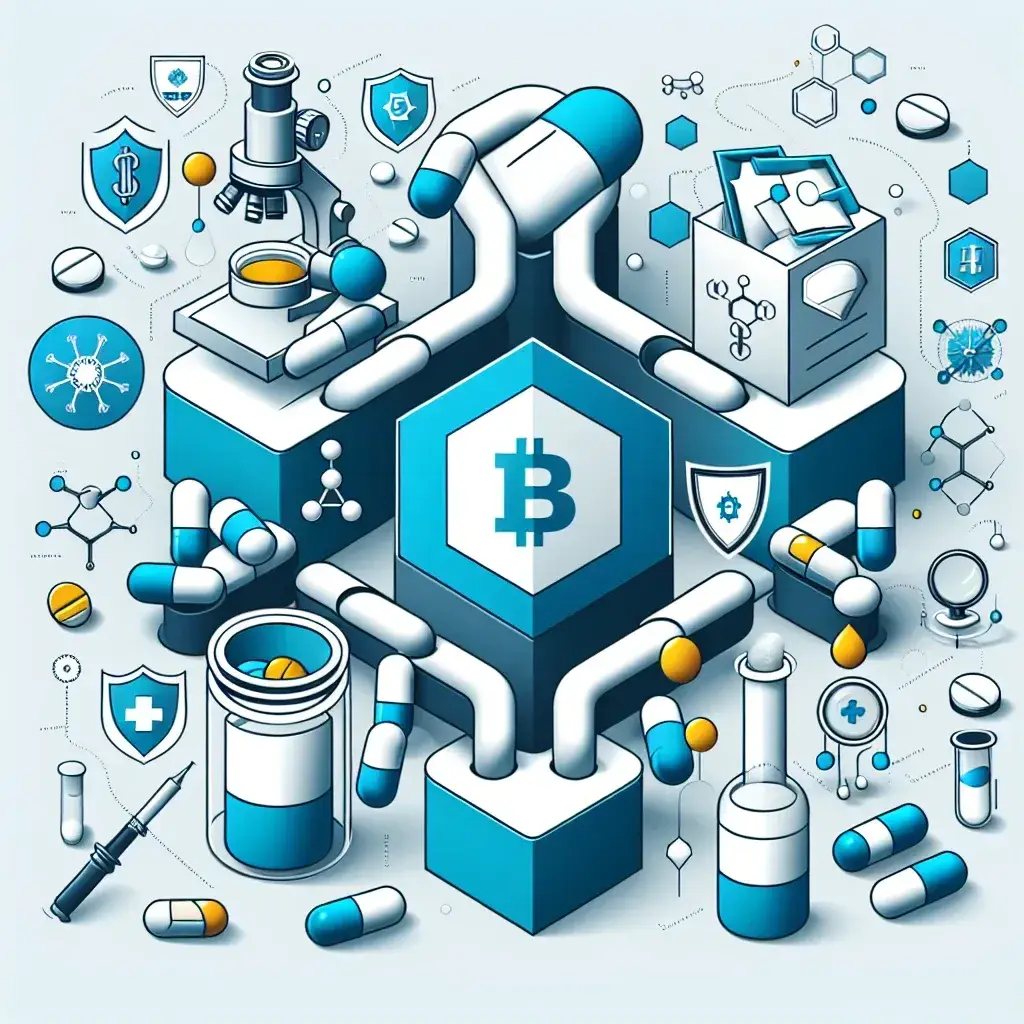 "Infografía que ilustra cómo la tecnología blockchain previene la falsificación de productos farmacéuticos, mostrando un diagrama de trazabilidad y seguridad en la cadena de suministro."